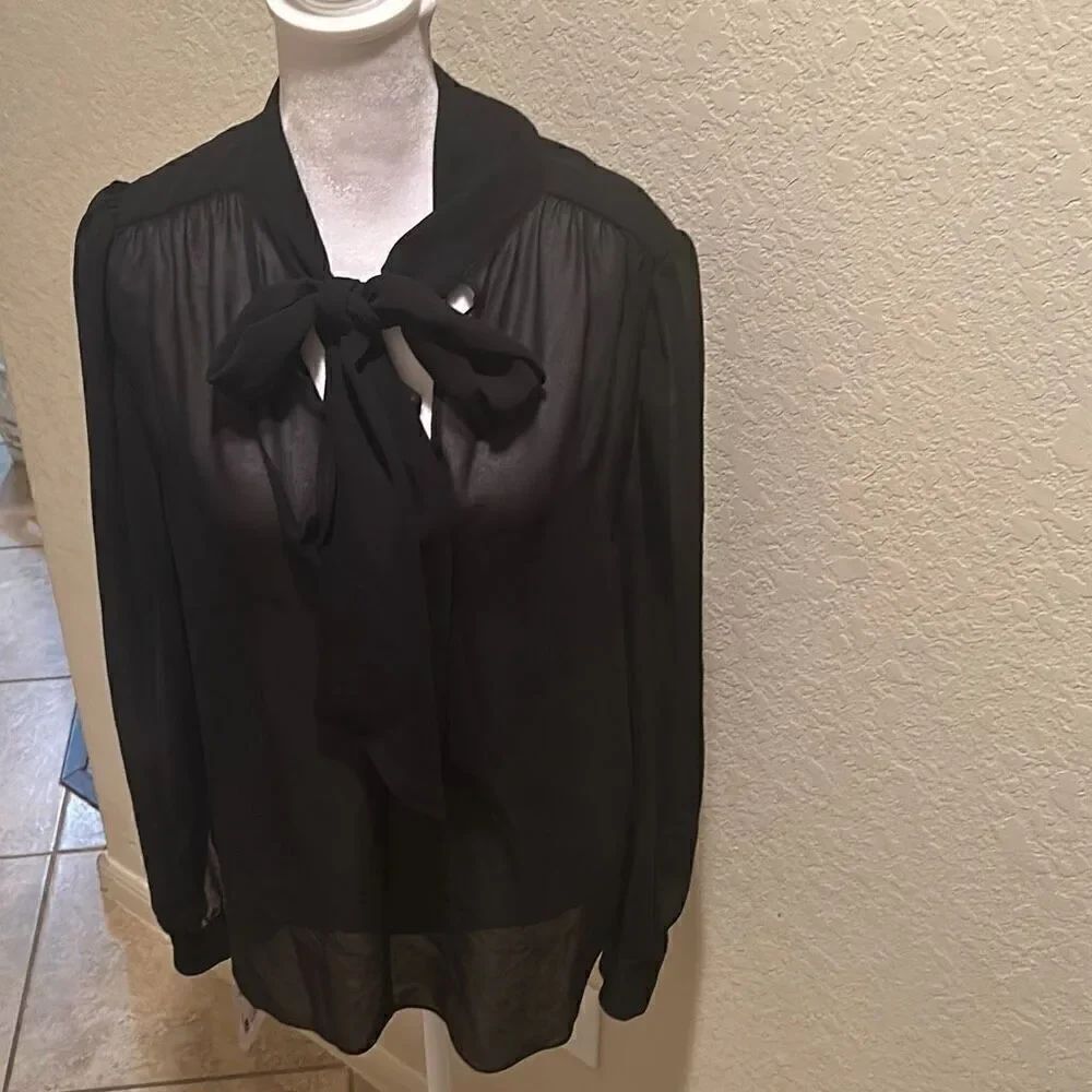 Patrizia Pepe Women's 44 Camicia Donna Long Sleeve Sheer Blouse Black Tie Neck